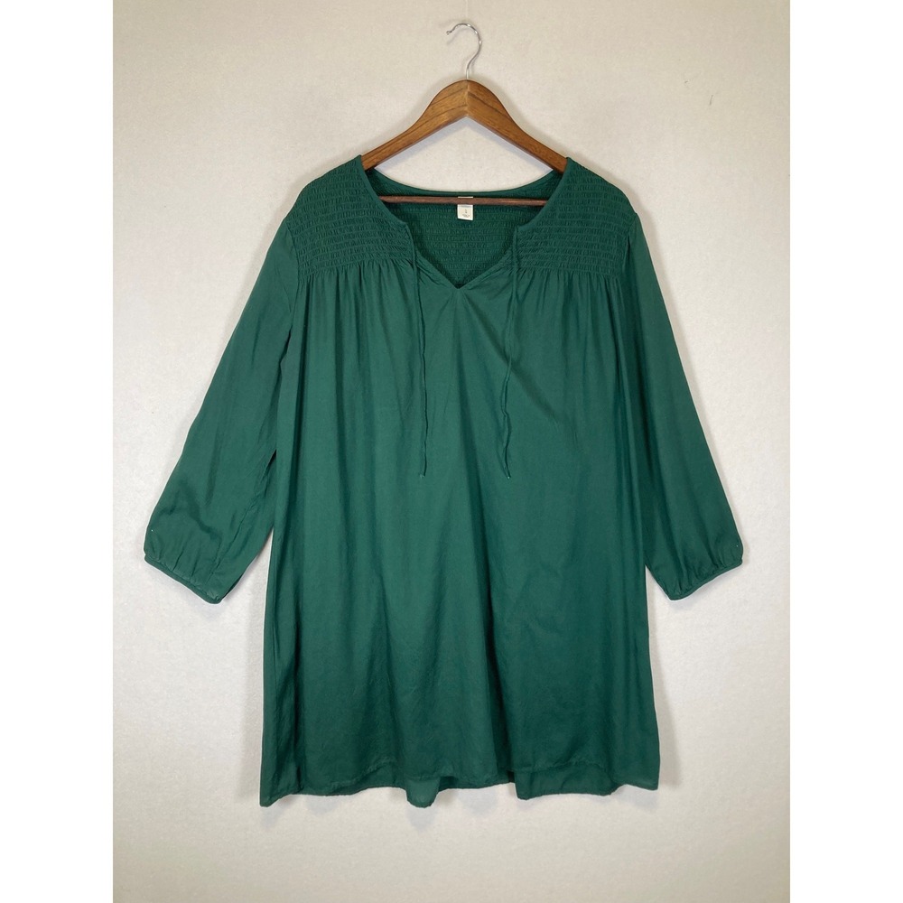 Boho Smocked Old Navy Women L Green‎ 3/4 Sleeve Rayon Tunic Peasant Top